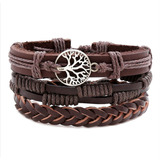 Pulsera Arbol De La Vida Piel Para Hombre Mujer Pareja 3 Pza Color Café Diámetro 20