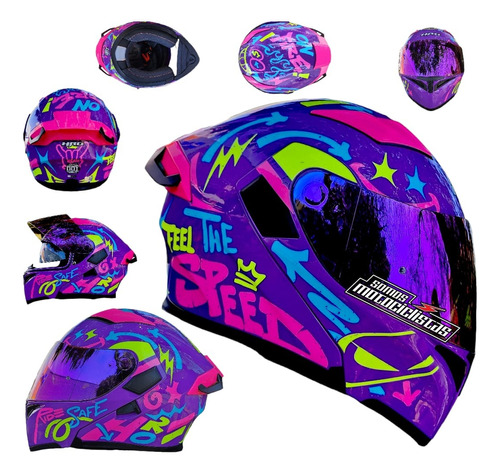 Casco Moto Mujer Hro 3400 Yeah Evo Morado Rosa + Lentes Dot