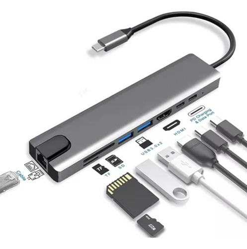 Hub Multipuerto 8 En 1 Usb C 3.0 Hdmi Sd Card Rj45 Pc/mac