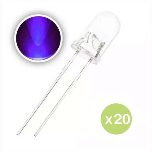 Pack 20 Led Ultra Violeta 5mm, 390nm, Luz Negra 395nm