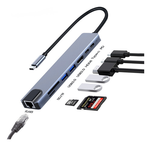 Tipo C Hub 8 En 1 Adaptador Usb C A Hdmi Sd Tf Con Ethernet