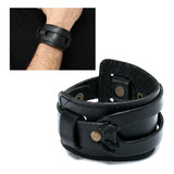 Brazalete Ancho De Cuero Pulsera Negra Banda Rock & Roll