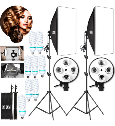 Kit 2 Softbox 50x70 Luz Contínua Tripé Quadruplo +8 Lâmpadas