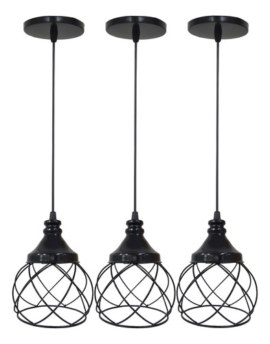 3 Lustre Pendente Aramado Esfera Balonê Sala Cozinha Cor Preto