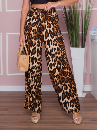 Calça Feminina Pantalona Wide Leg Animal Print Onça