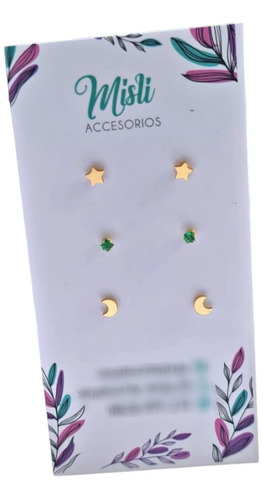 Set De Topitos Mini Dorados Estrellas, Lunas Y Circón Verde 
