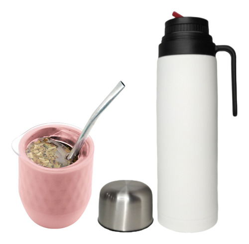 Set Mate Rosa Antiderrame + Bombilla + Termo Acero Blanco 1l