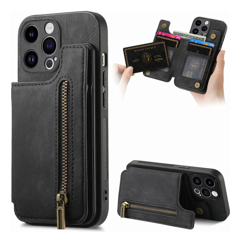 Capa De Couro Com Zíper Solt Cards Magnetic Cards Para Iphon