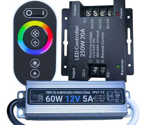 Kit 01 Controladora Rgb Touch + 01 Fonte Blindada 5a Ip67