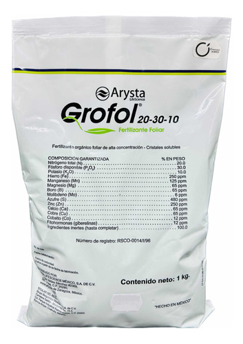 Grofol 20 30 10 Fertilizante Foliar 1 Kilogramo Arysta 