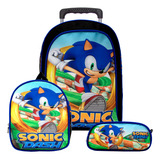 Mochila Infantil Masculina Rodinha Sonic Lancheira Térmica