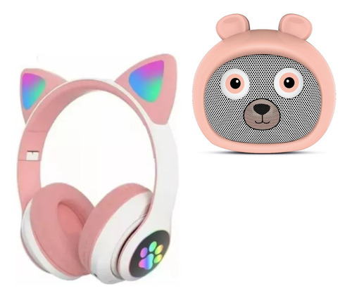 Combo Auricular Bt Infantil Oreja Luz Led + Parlante De Oso