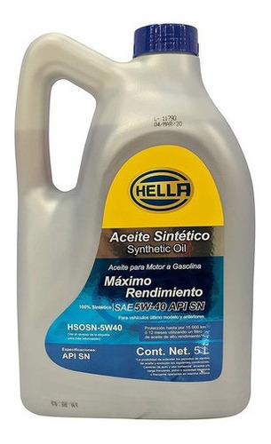 Aceite Motor 100% Sintetico 5w40 5l Hella