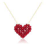 Collar Mujer Corazón Tejido En Cristal Rojo Cadena Oro Golfi