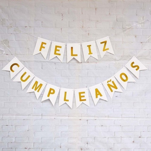 Banderin Guirnalda Feliz Cumpleaños Blanco Letras Doradas 