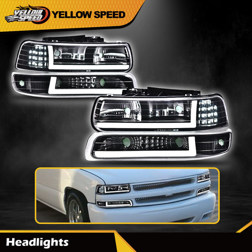 Fit For 1999-2002 Chevy Silverado Led Drl Black Headligh Ccb