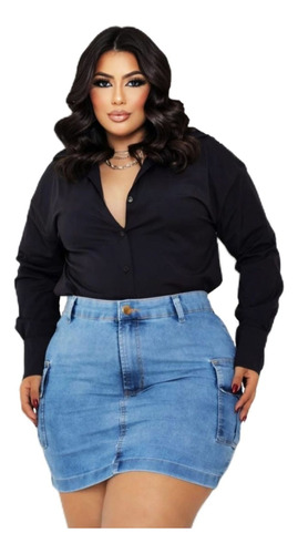 Saia Jeans Cargo Plus Size Curto Cintura Alta