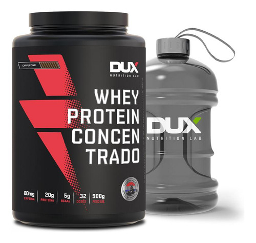 Kit Whey Protein Concentrado 900g + Mini Galão Dux Nutrition Sabor Morango