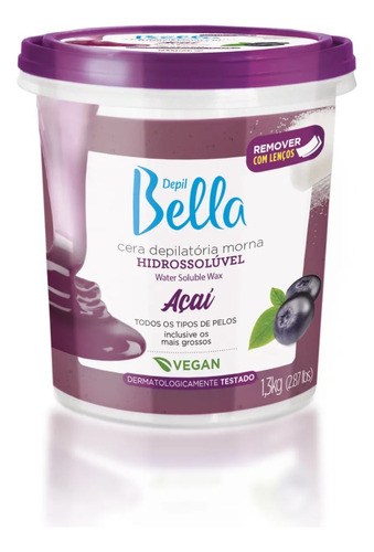 Cera Depilatória Hidrossolúvel Açaí Vegan Depil Bella 1,3kg