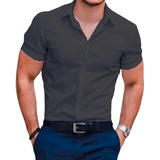 Camisa Social Manga Curta Masculina Elastano Luxo Slim Fit