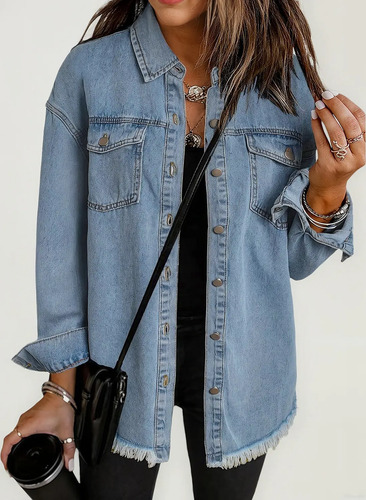 Chaqueta De Mezclilla Oversize Para Mujer Con Mangas Largas