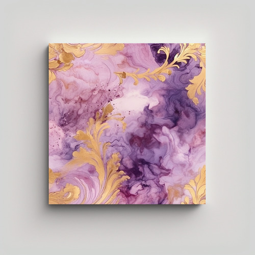 40x40cm Cuadro Lienzo Tema Adorno Malva Y Dorado Flores