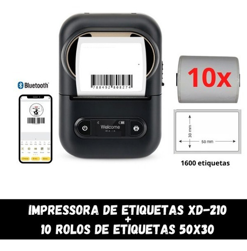 Impressora Bluetooth + 10 Rolos Etiquetas Adesivas 50x30
