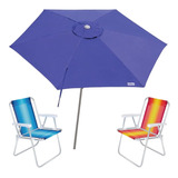 Kit Guarda Sol 2,4m Ombrelone Azul Cadeira Alta Alumínio