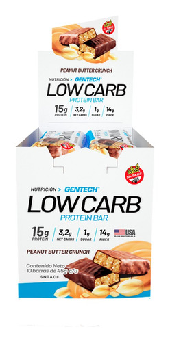 Barras De Proteina Low Carb Gentech Caja X10 Unidades Sabor Peanut Butter Crunch