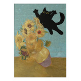 Quadro Placa Poster Gato Derrubando Vaso Releitura Van Gogh