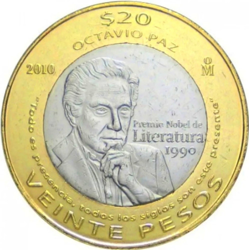 Moneda 20 Pesos Octavio Paz Nobel Litertura Circulada Escasa