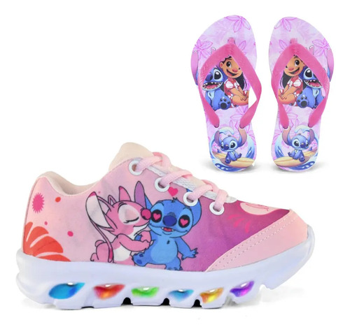 Kit Tênis De Led Menina Stitch Rosa E Chinelo Confortável