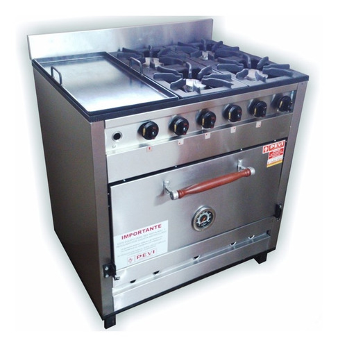 Cocina Industrial Pevi 4 Hornallas Y Plancha Acero Inox 85 Cm Rejas Fundicion Con Horno Pizzero