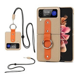 Funda Para Samsung Zflip 3 C/anillo Y Correa - Cuero Golden