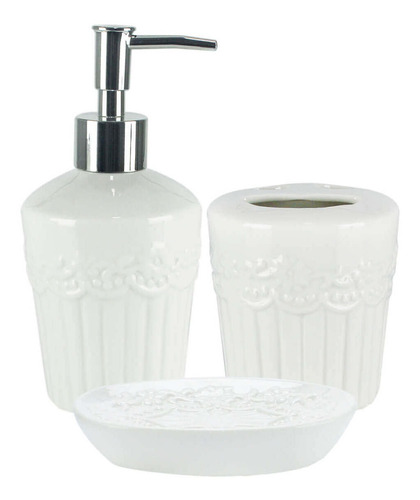 Kit Banheiro 3 Peças Redondo Branco Porcelana Flores Premium