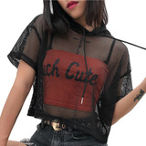 Blusa Corta Crop Top De Malla Red Transparente Moda Capucha