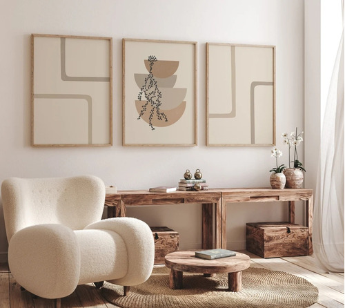 3 Cuadros Decorativos Living Modernos Abstracto Neutral Boho