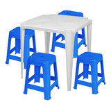 Jogo Mesa Branca Quadrada De Plastico + 4 Banquetas Azul