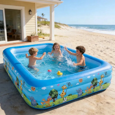 Albercas Inflables Grandes Y Baratas 205*120*60cm Inflable De Alberca Rectangular Para Niños Plegable Piscina De Infantil Familiar,incluye Pelota Hinchable,reino Animal Azul