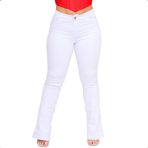 Calça Jeans Feminina Flare Branca Com Lycra Levanta Bumbum