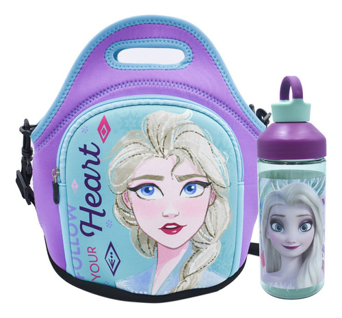 Lonchera De Neopreno Disney Botella De Agua Incluída 600 Ml Elsa