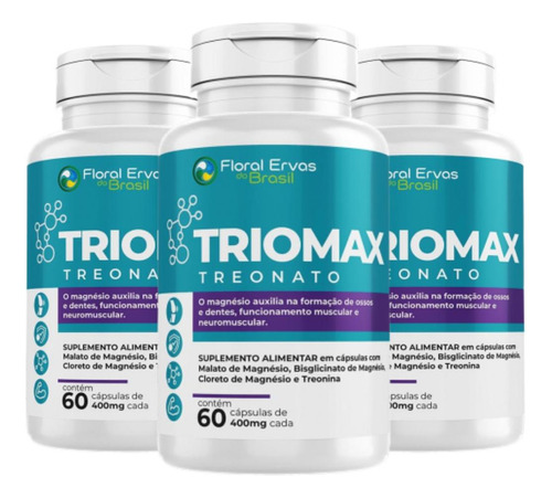 Kit 3x Triomax Treonato 60 Cápulas Magnésio Dimalato Cloreto Floral Ervas