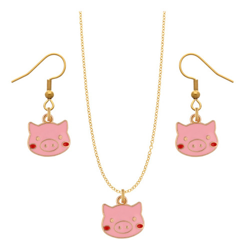 Kit Collar Y Aretes Cerdito Dije Animal Cadena Acero Regalo