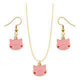 Kit Collar Y Aretes Cerdito Dije Animal Cadena Acero Regalo