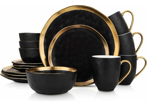 Hermosa Vajilla Elegante De Porcelana Negra Con Dorado 16 Pz