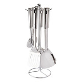 Conjunto C/7 Peças Utensílios Suporte Em Aço Inox Cozinha