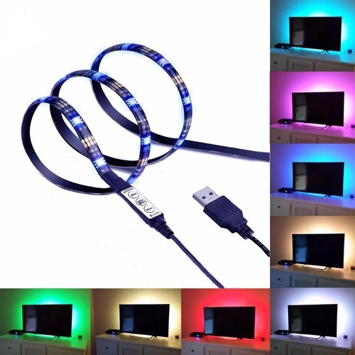 Kit 2 Fita De Led Usb Rgb 3metros Controle Embutido P/ Tv Pc