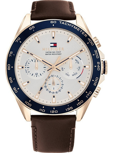 Reloj Tommy Hilfiger Owen Hombre 1791966 Marrón Taquimetro Bisel Oro Rosa Fondo Blanco