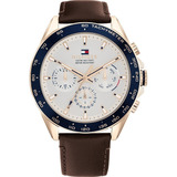 Reloj Tommy Hilfiger Owen Hombre 1791966 Marrón Taquimetro Bisel Oro Rosa Fondo Blanco