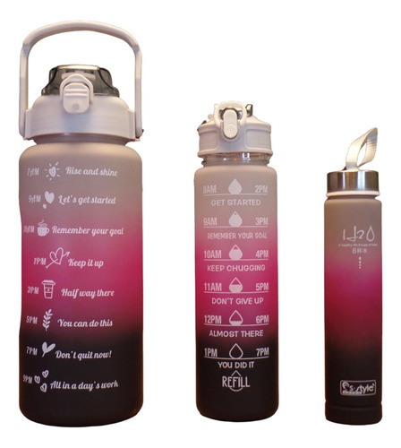 Set Termo Motivador Plástico Libre De Bpa 3 Piezas Deportivo Color Gris/fucsia/negro